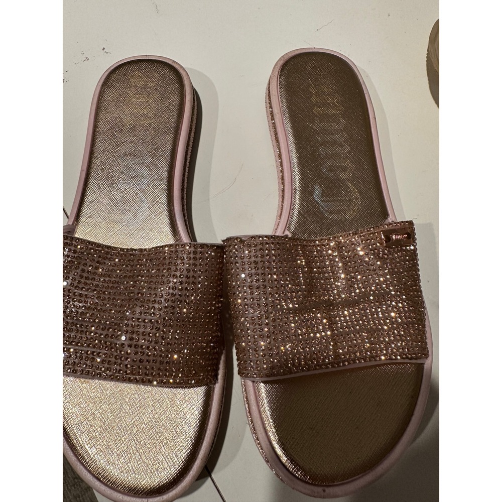 Juicy Couture Rose Gold Rhinestone Slide Sandals Womens Flat Slip On Shoes